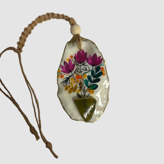 Oyster Shell Hanging Charm - Flowers in a Sea Glass Vase