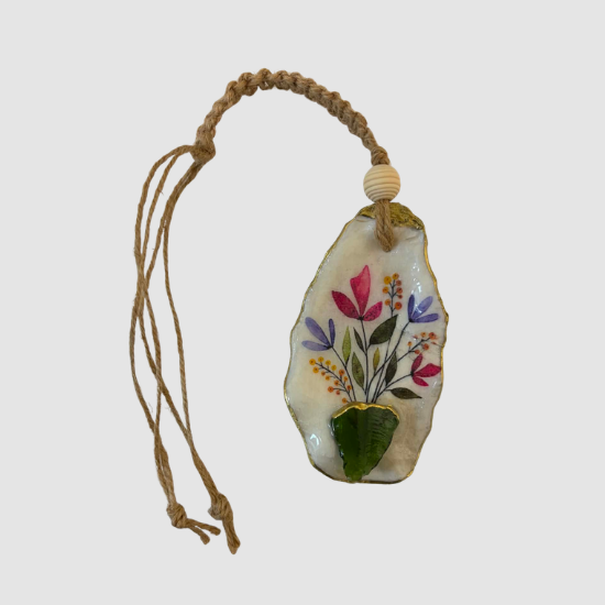 Oyster Shell Hanging Charm - Flowers in a Sea Glass Vase