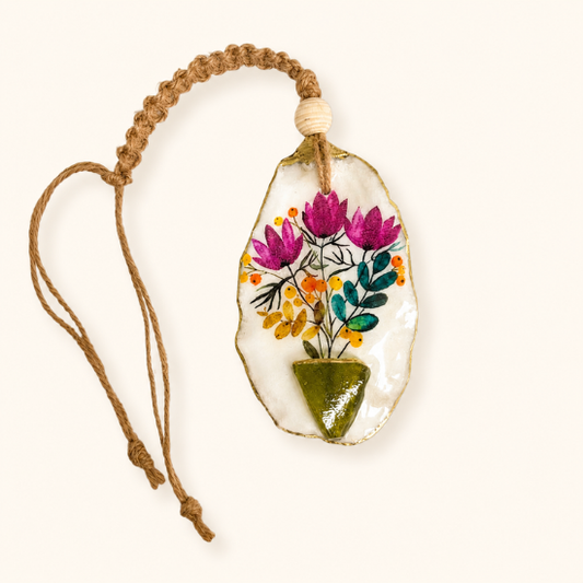 Oyster Shell Hanging Charm - Flowers in a Sea Glass Vase