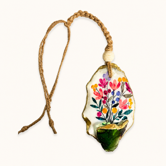 Oyster Shell Hanging Charm - Flowers in a Sea Glass Vase
